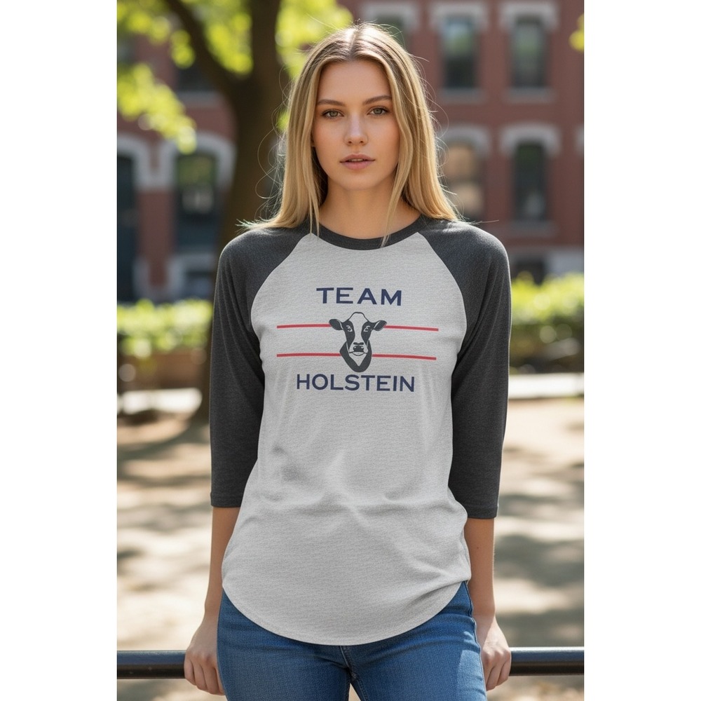 Team Holstein‎ Cow Graphic Raglan Baseball Tee Gray 3/4 Sleeve Shirt Mens Medium
